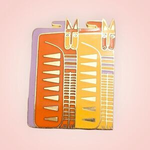 Laurel Burch "Egypticat" Brooch Cloisonne Gold Plated Yellow Orange Enamal Cats